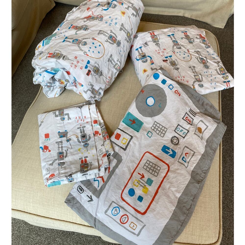 Crate and Barrel Land of Nod Rad Robot 4pc Full Sheet Set and Sham 100% Cotton